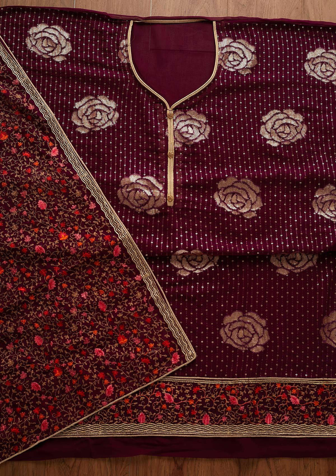 Wine Sequins Georgette Designer Semi-Stitched Salwar Suit - Koskii