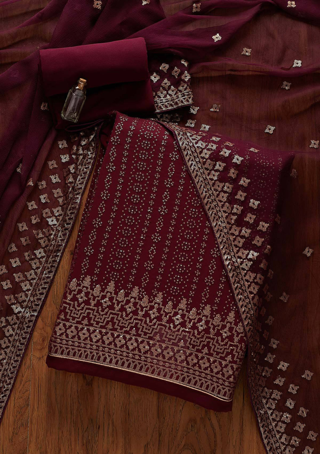 Wine Sequins Georgette Designer Unstitched Salwar Suit - Koskii