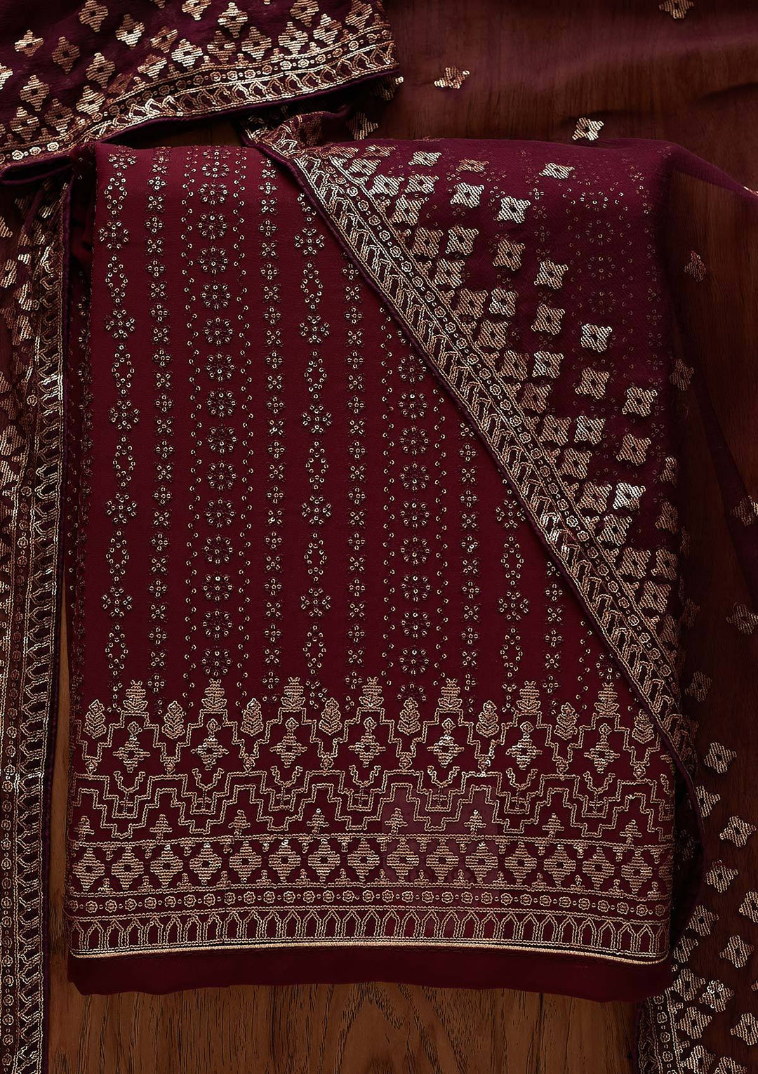 Wine Sequins Georgette Designer Unstitched Salwar Suit - Koskii