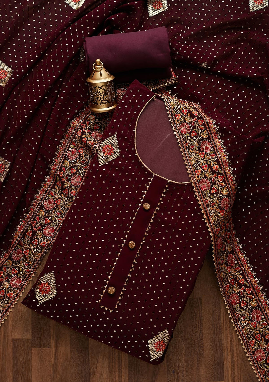 Wine Sequins Georgette Designer Unstitched Salwar Suit - Koskii