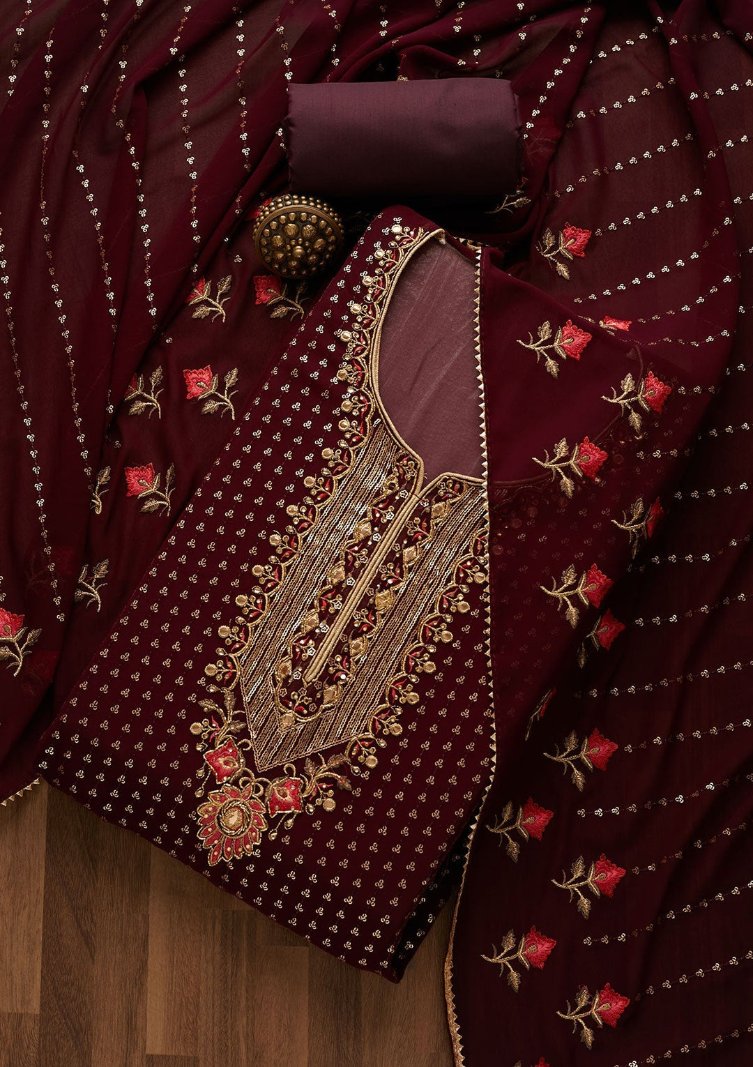 Wine Sequins Georgette Unstitched Salwar Suit-Koskii