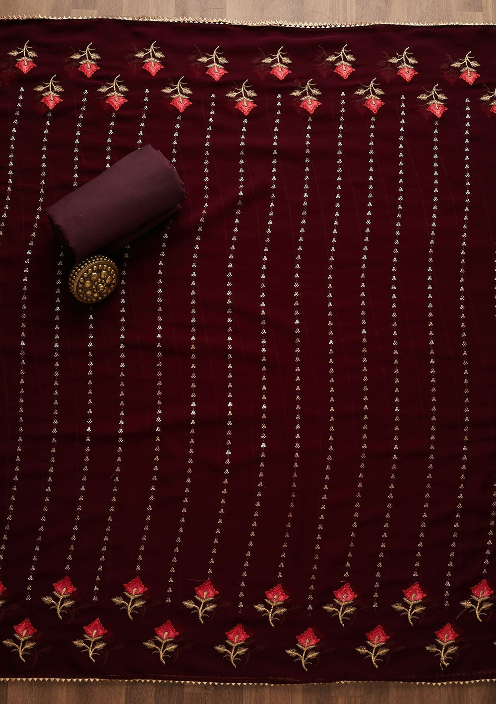 Wine Sequins Georgette Unstitched Salwar Suit-Koskii