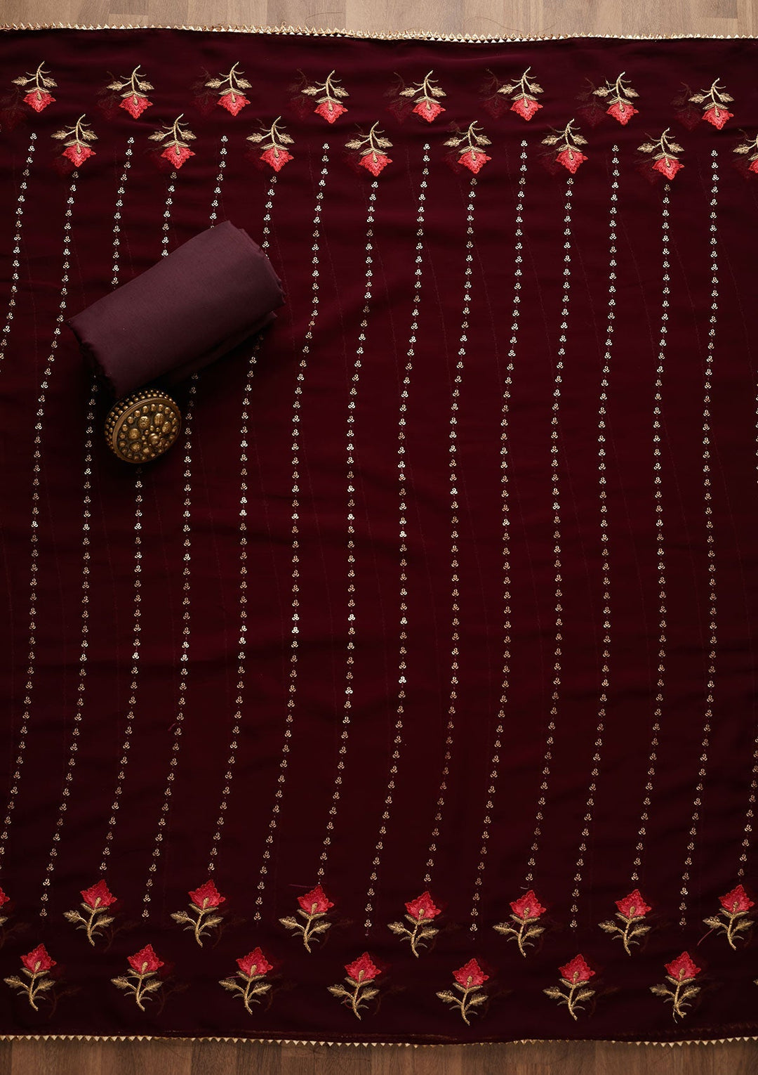 Wine Sequins Georgette Unstitched Salwar Suit-Koskii