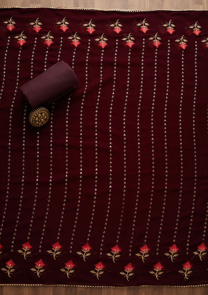 Wine Sequins Georgette Unstitched Salwar Suit-Koskii