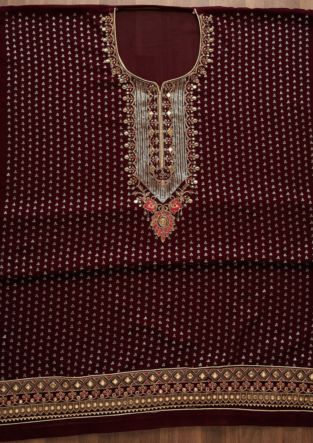 Wine Sequins Georgette Unstitched Salwar Suit-Koskii