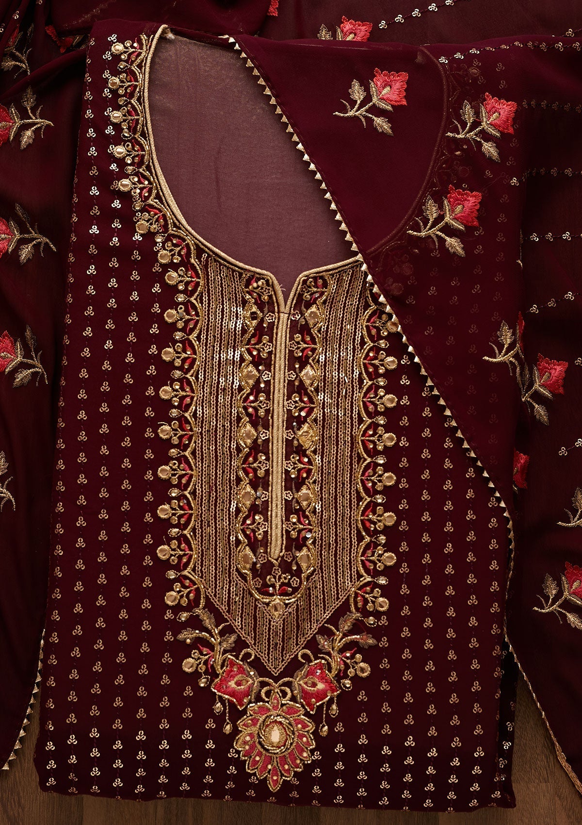 Wine Sequins Georgette Unstitched Salwar Suit-Koskii