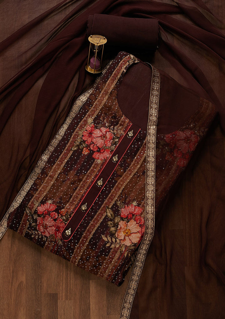 Wine Sequins Georgette Unstitched Salwar Suit-Koskii