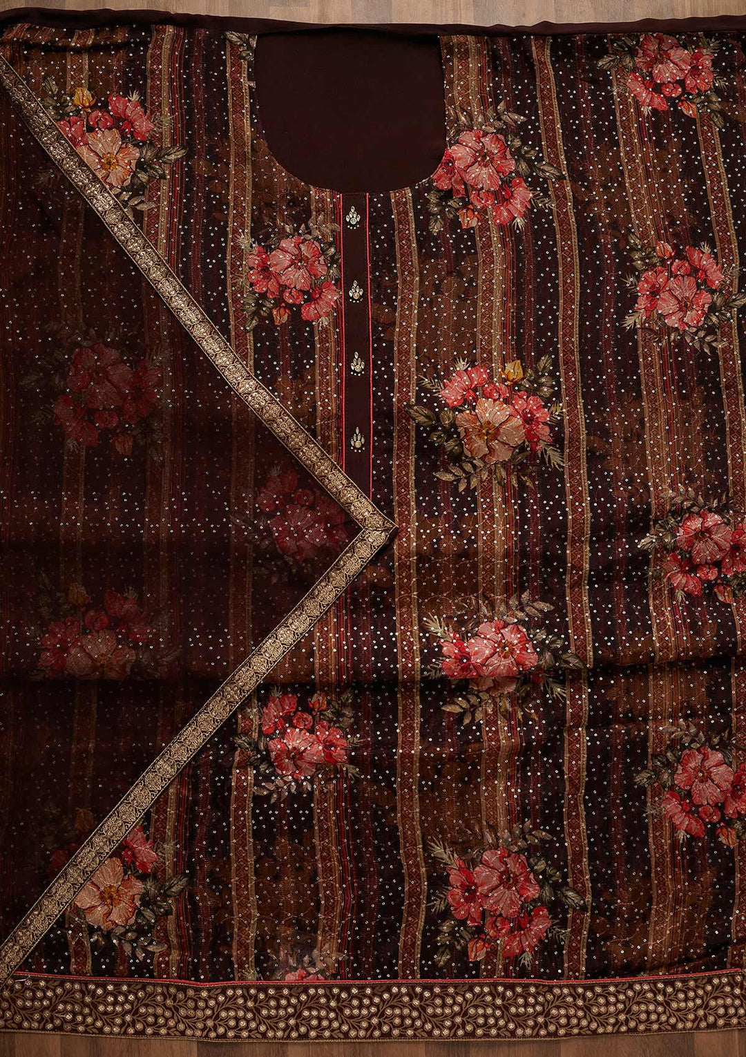 Wine Sequins Georgette Unstitched Salwar Suit-Koskii