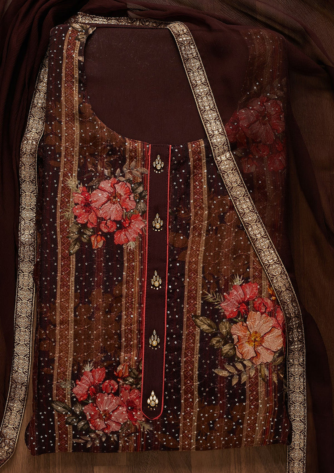 Wine Sequins Georgette Unstitched Salwar Suit-Koskii