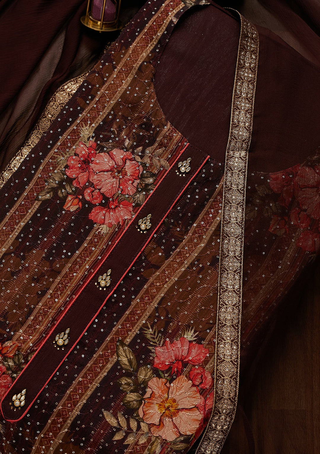 Wine Sequins Georgette Unstitched Salwar Suit-Koskii