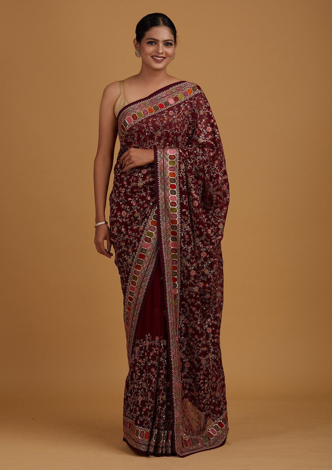 Wine Sequins Georgette Designer Saree - Koskii