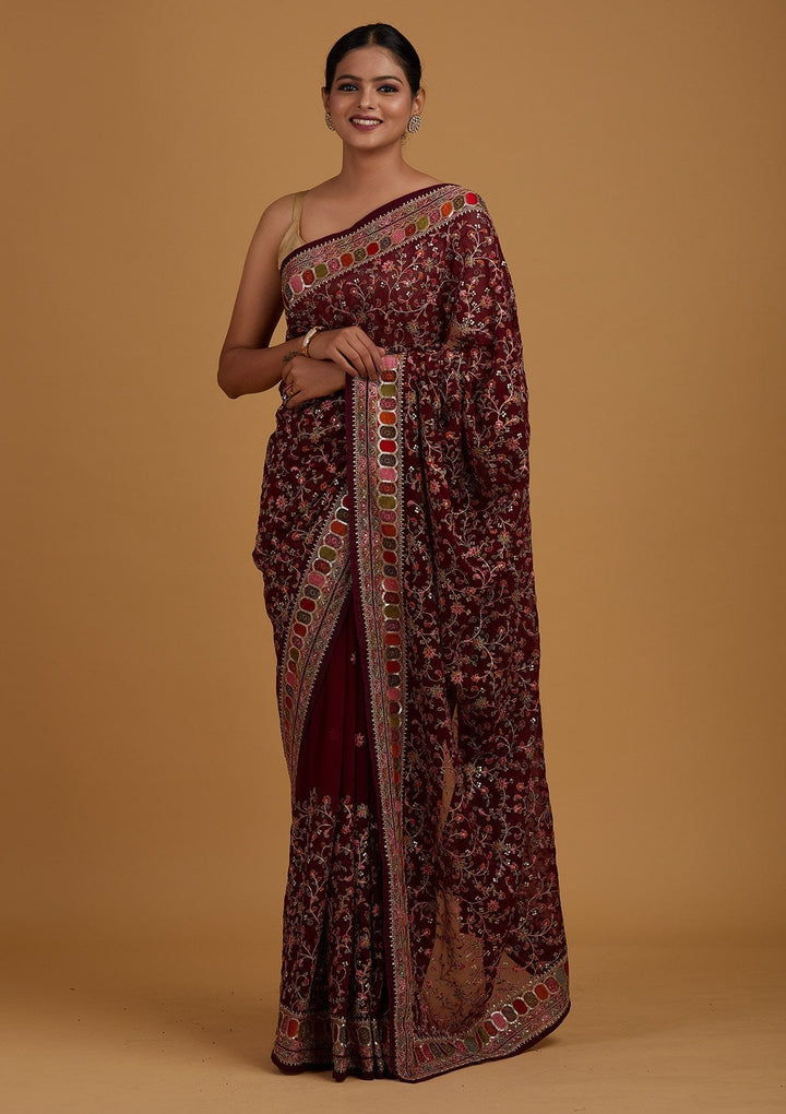 Wine Sequins Georgette Designer Saree - Koskii