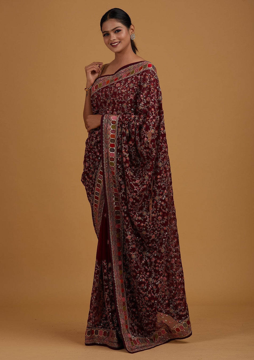 Wine Sequins Georgette Designer Saree - Koskii