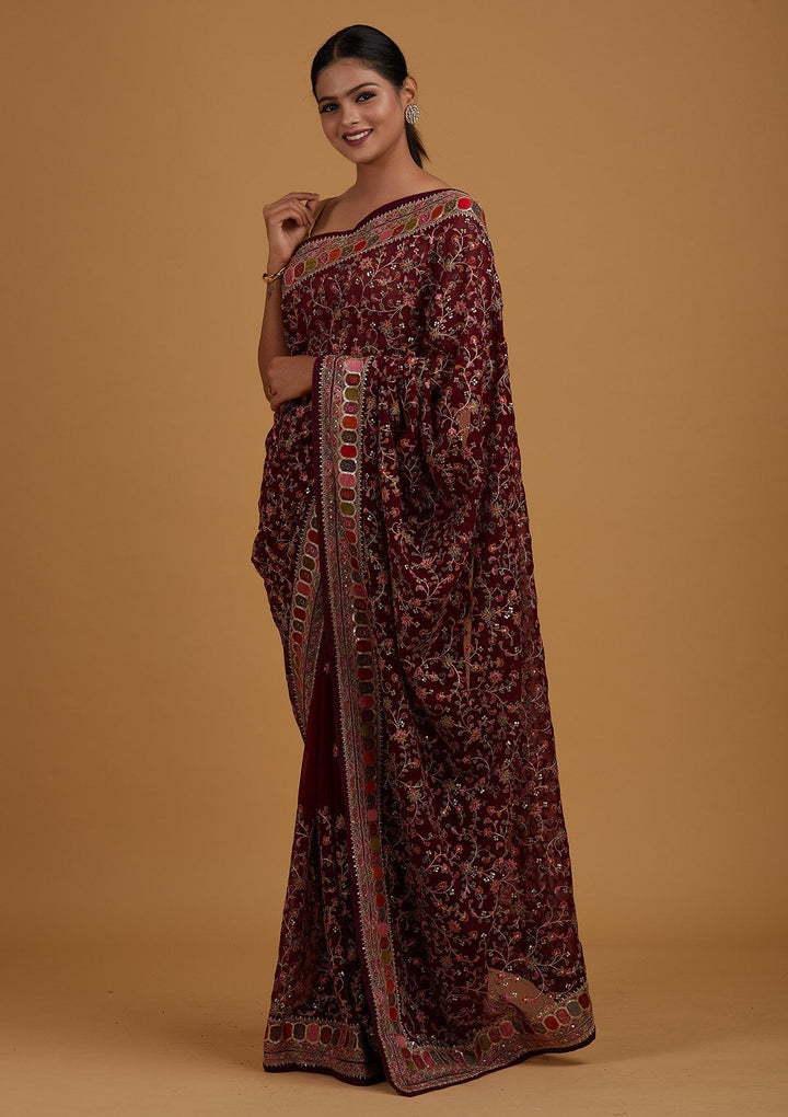 Wine Sequins Georgette Designer Saree - Koskii