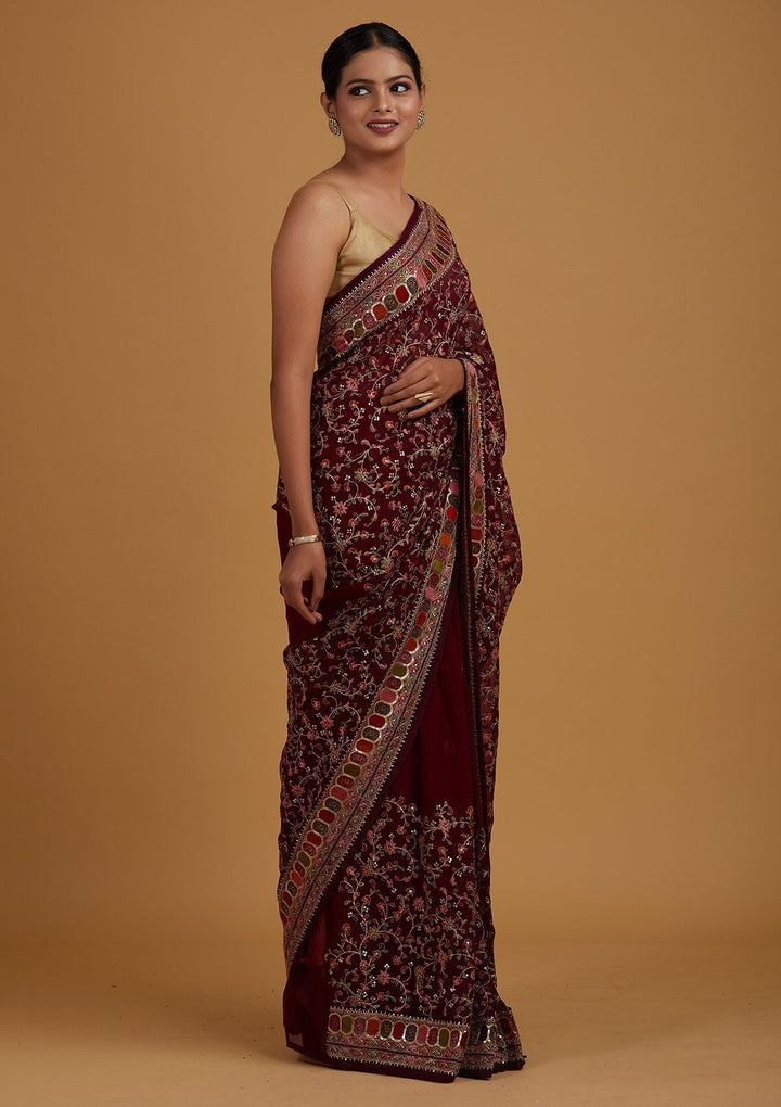 Wine Sequins Georgette Designer Saree - Koskii