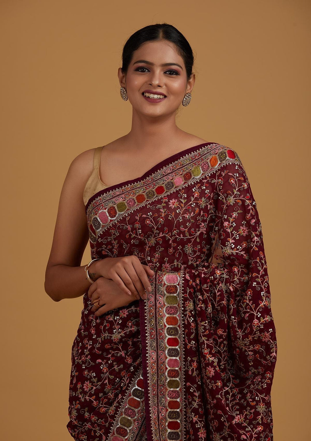 Wine Sequins Georgette Designer Saree - Koskii