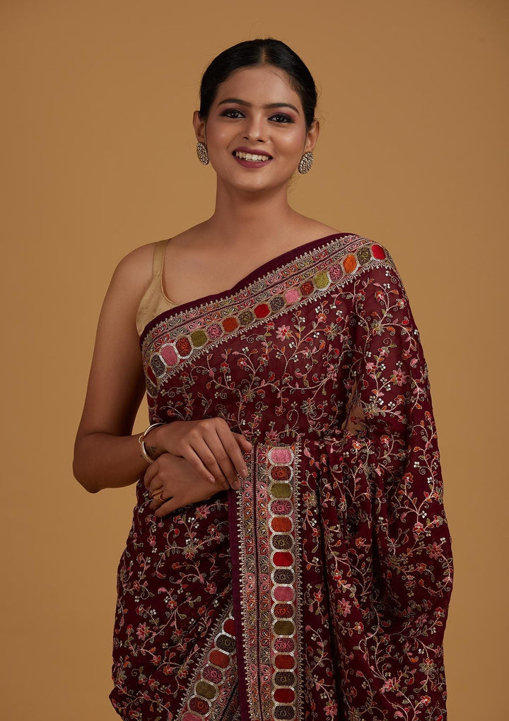 Wine Sequins Georgette Designer Saree - Koskii