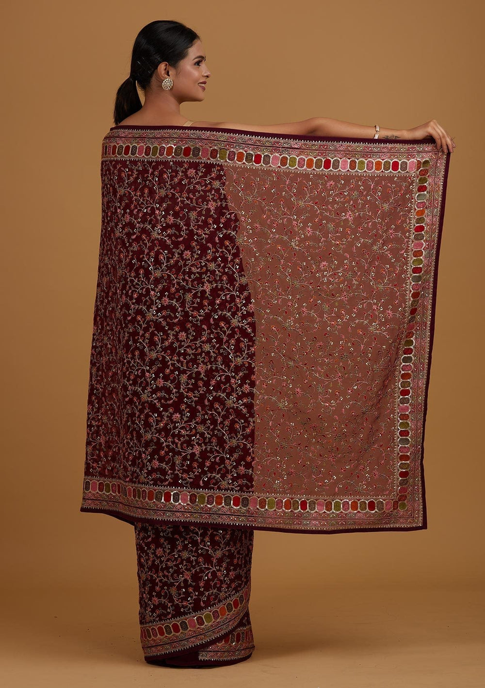 Wine Sequins Georgette Designer Saree - Koskii