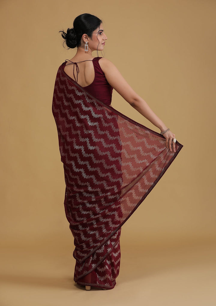 Wine Sequins Georgette Designer Saree-Koskii