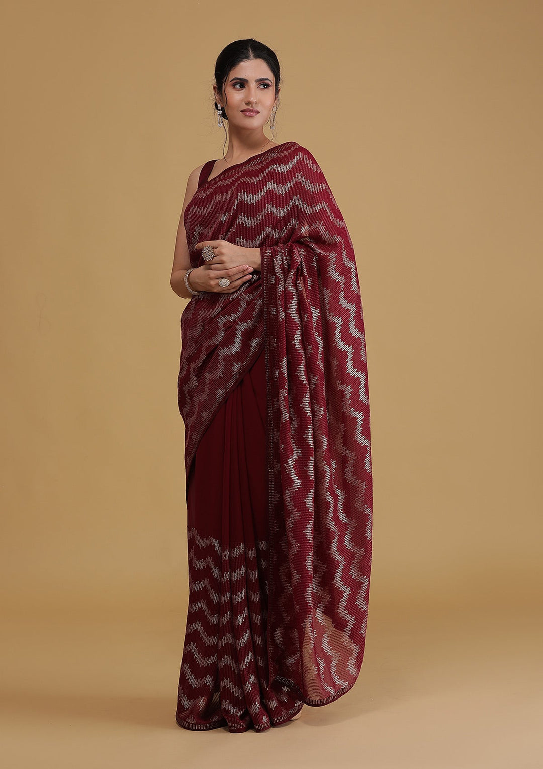 Wine Sequins Georgette Designer Saree-Koskii
