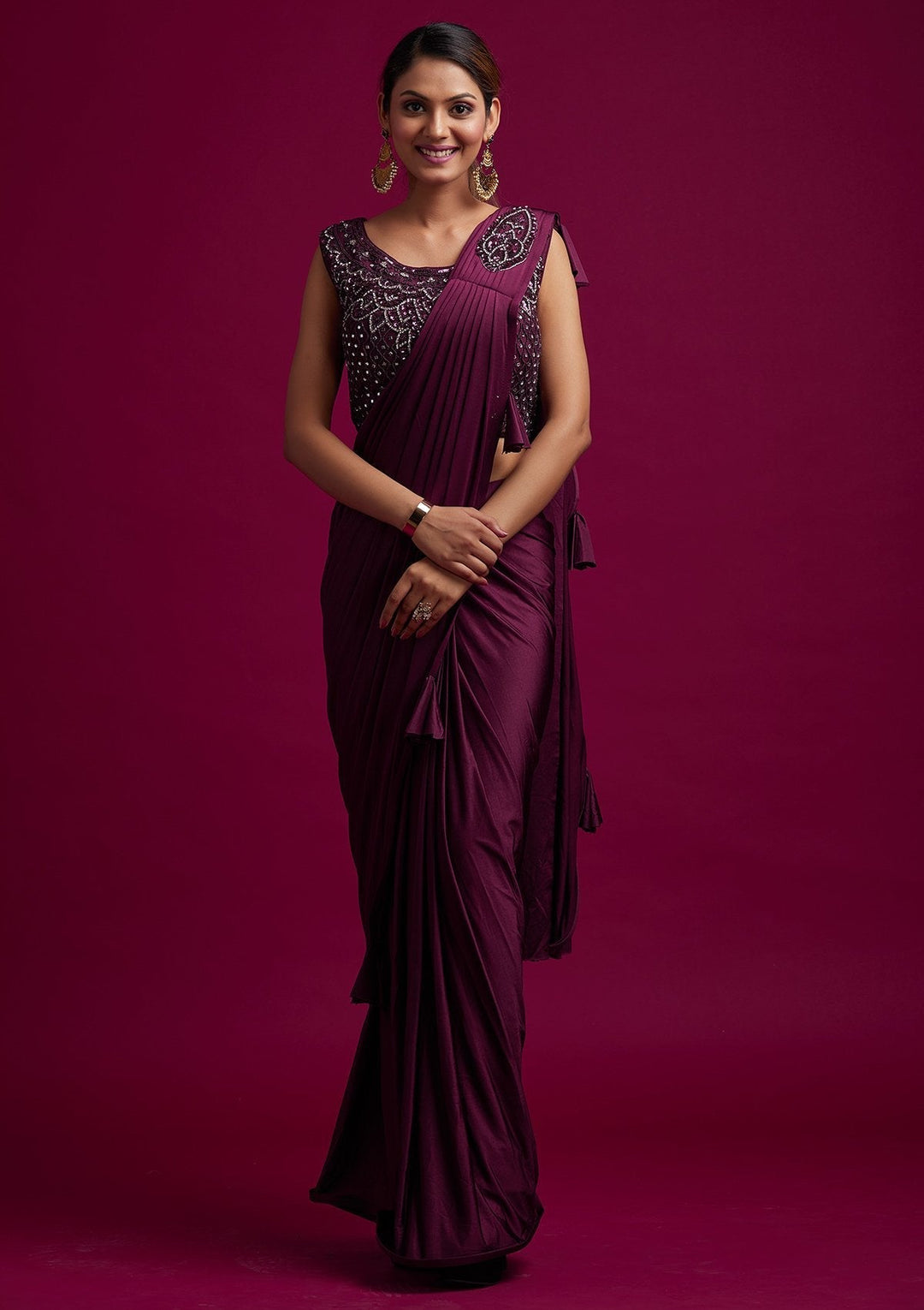 Wine Sequins Lycra Designer Saree - koskii