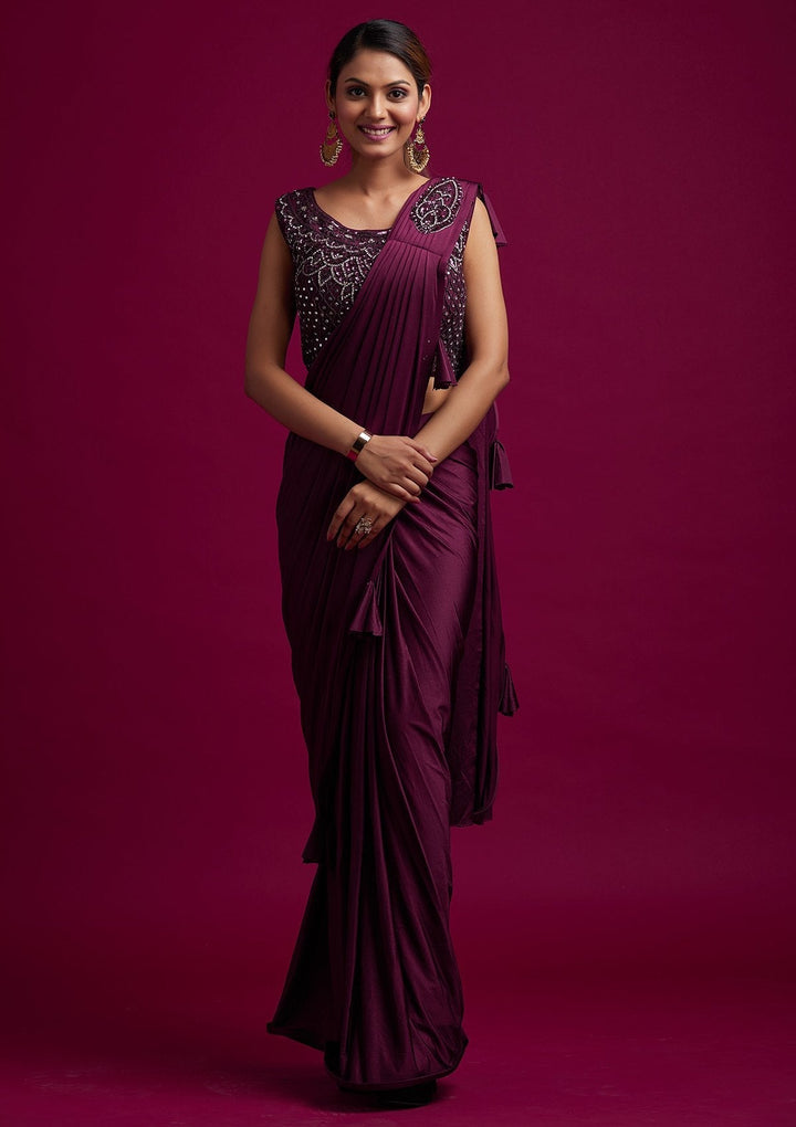 Wine Sequins Lycra Designer Saree - koskii