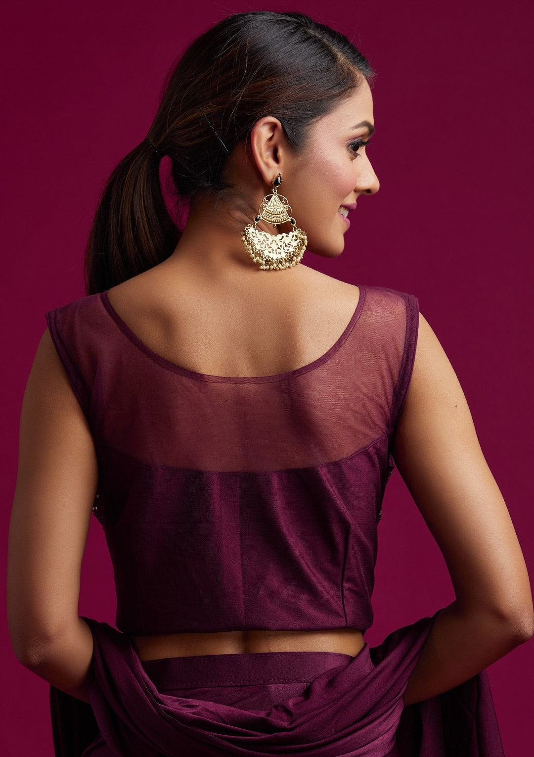Wine Sequins Lycra Designer Saree - koskii
