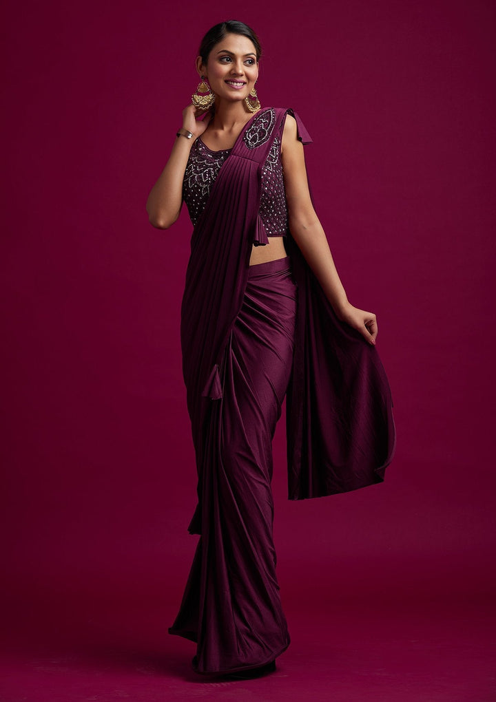 Wine Sequins Lycra Designer Saree - koskii