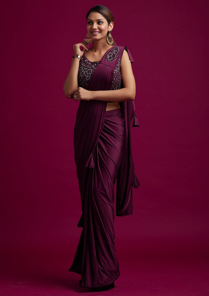 Wine Sequins Lycra Designer Saree - koskii