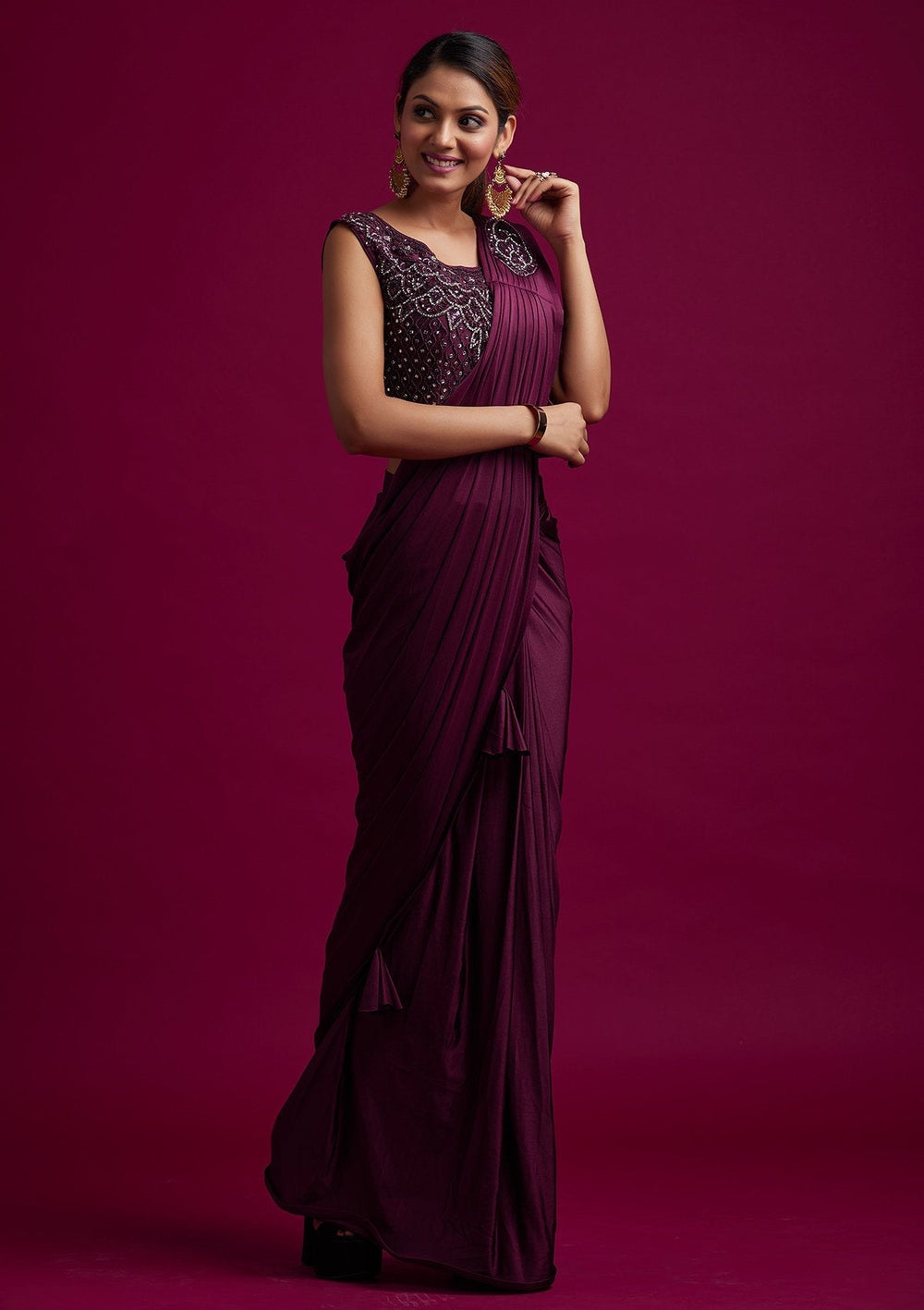 Wine Sequins Lycra Designer Saree - koskii