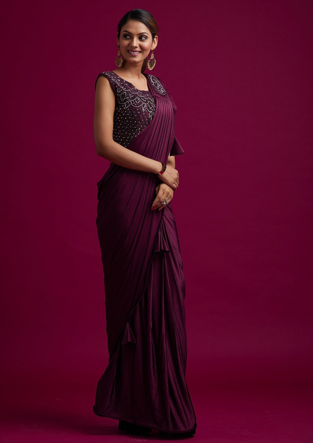 Wine Sequins Lycra Designer Saree - koskii