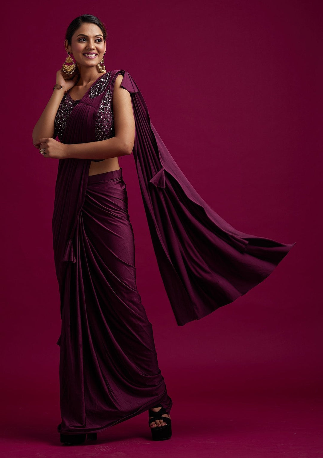 Wine Sequins Lycra Designer Saree - koskii