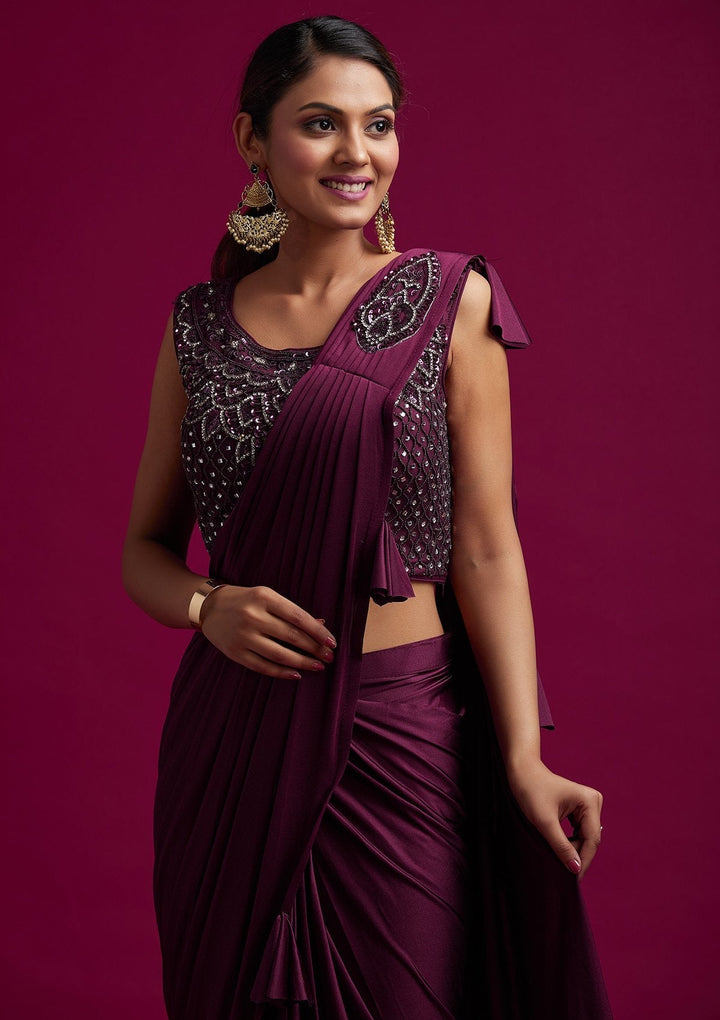 Wine Sequins Lycra Designer Saree - koskii
