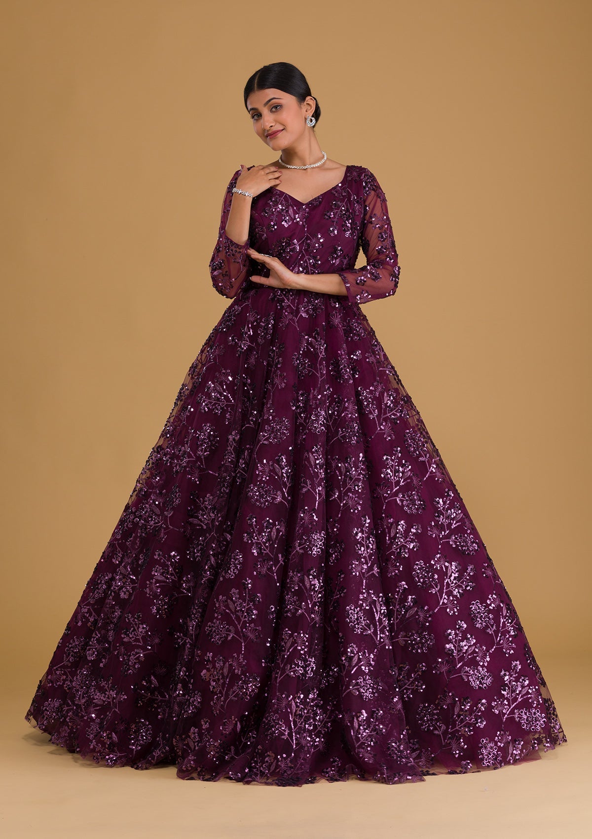 Wine Sequins Net Designer Gown-Koskii