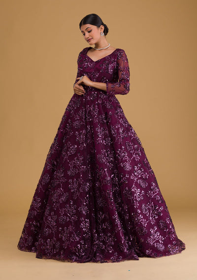 Wine Sequins Net Designer Gown-Koskii