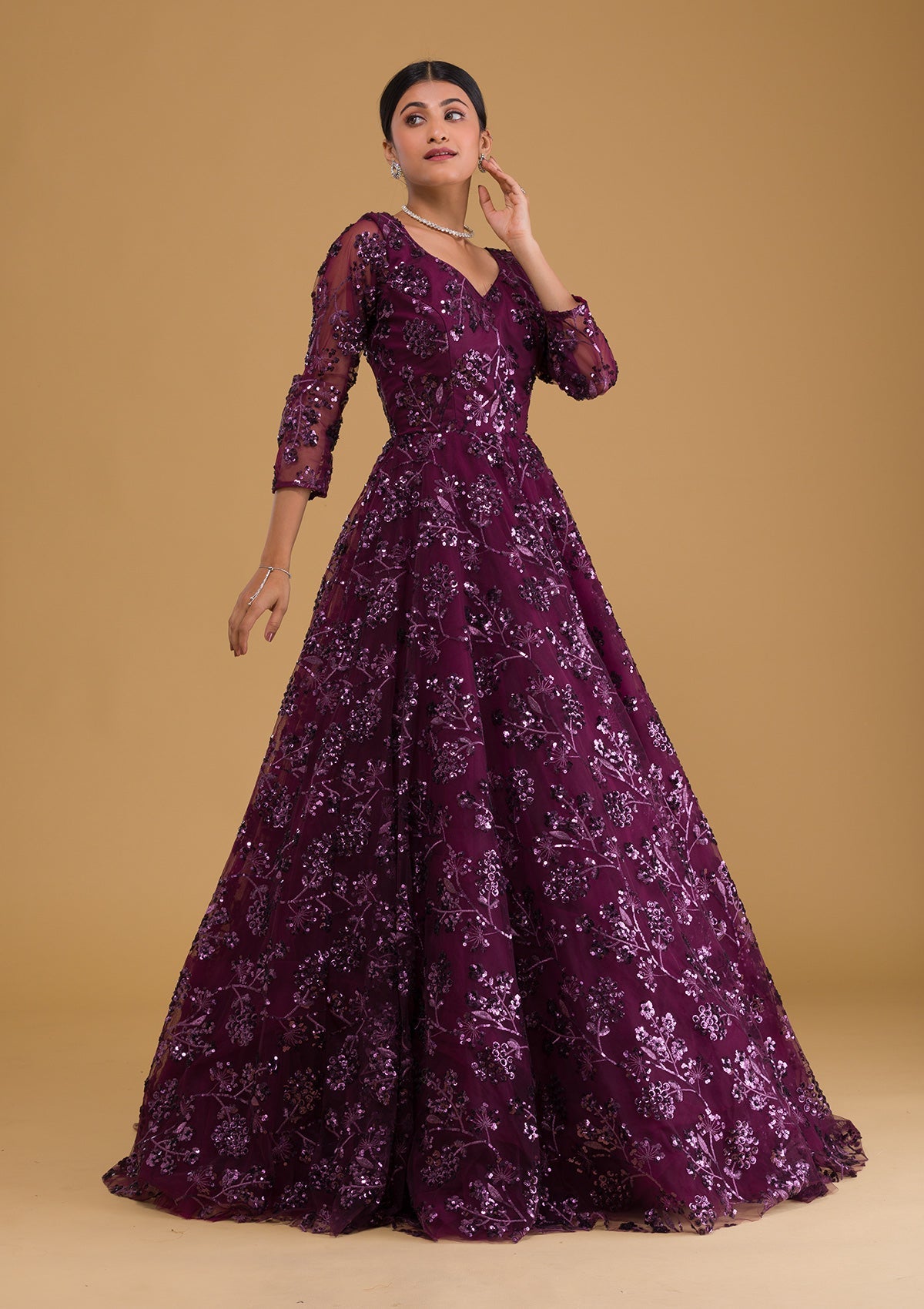 Wine Sequins Net Designer Gown-Koskii