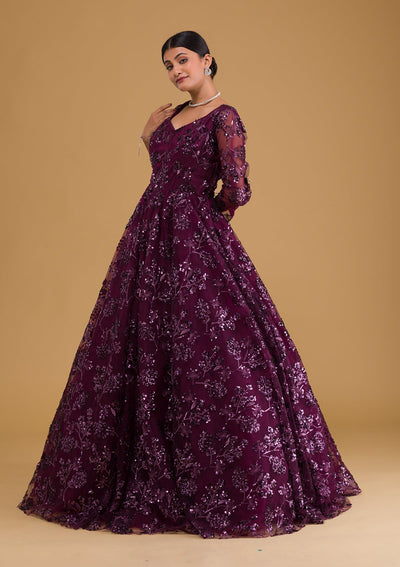 Wine Sequins Net Designer Gown-Koskii