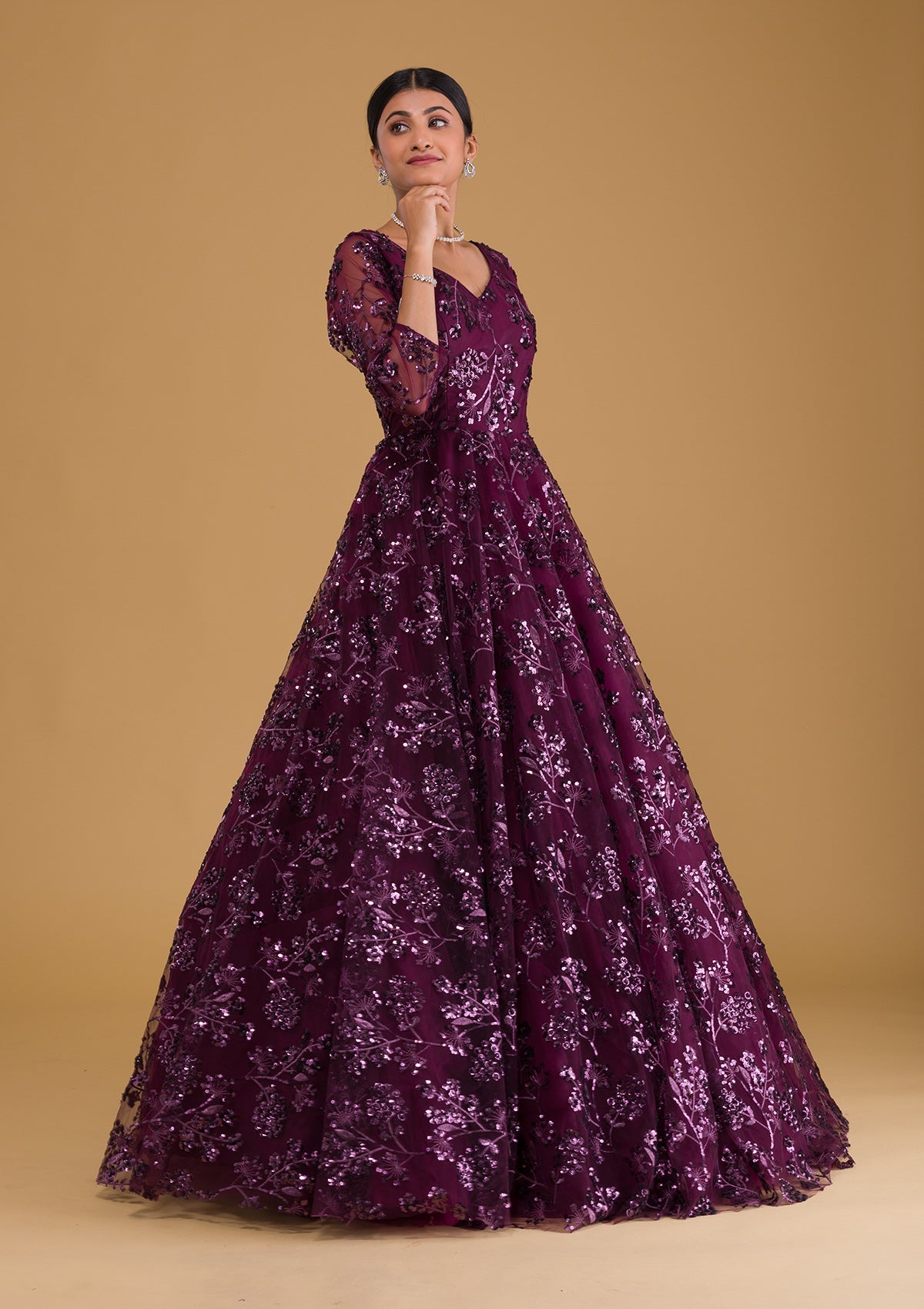 Wine Sequins Net Designer Gown-Koskii