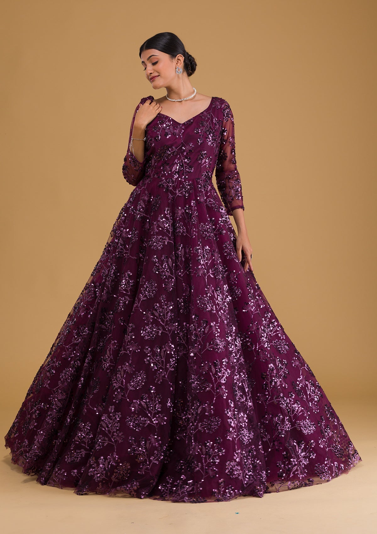 Wine Sequins Net Designer Gown-Koskii