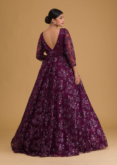 Wine Sequins Net Designer Gown-Koskii