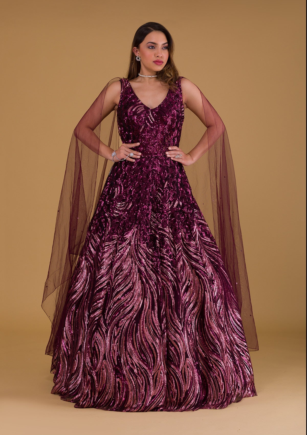 Wine Sequins Net Gown-Koskii