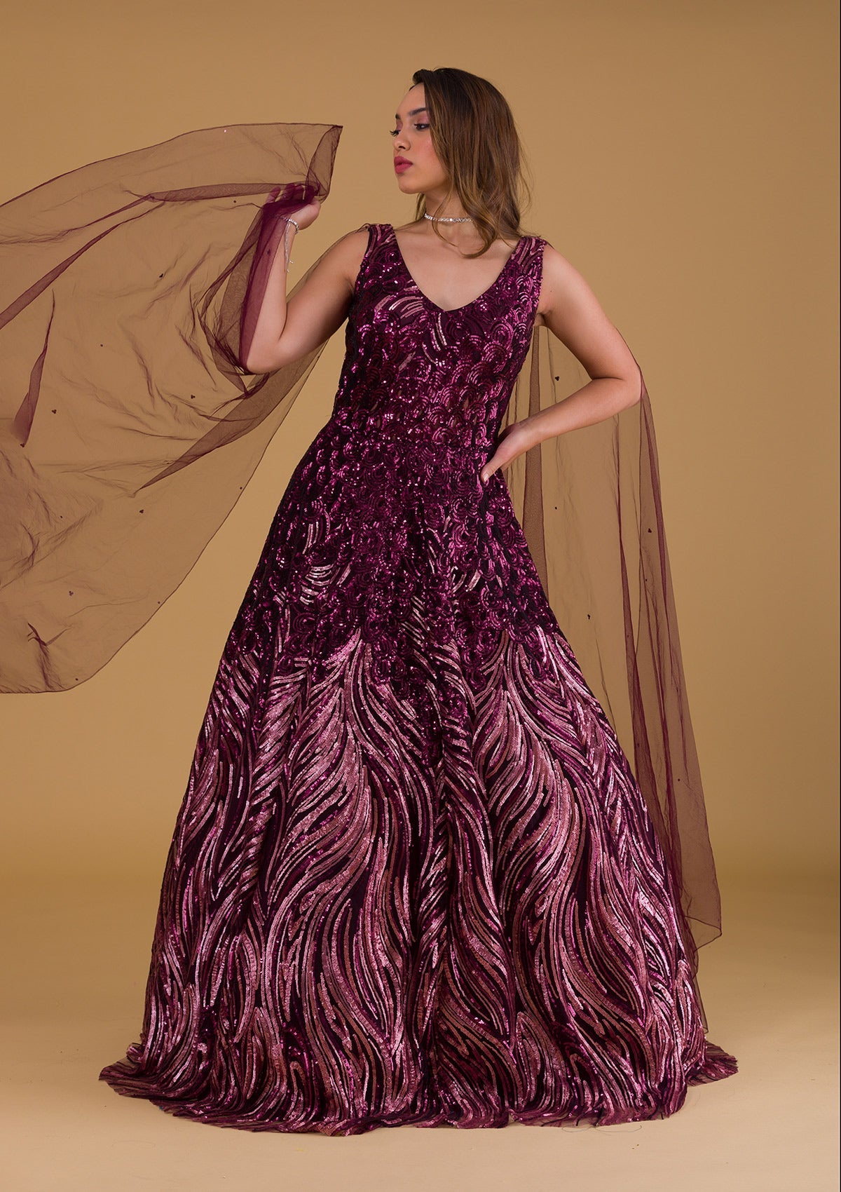 Wine Sequins Net Gown-Koskii