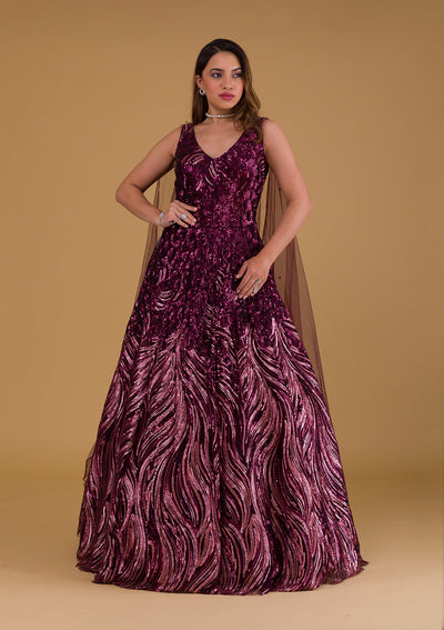 Wine Sequins Net Gown-Koskii