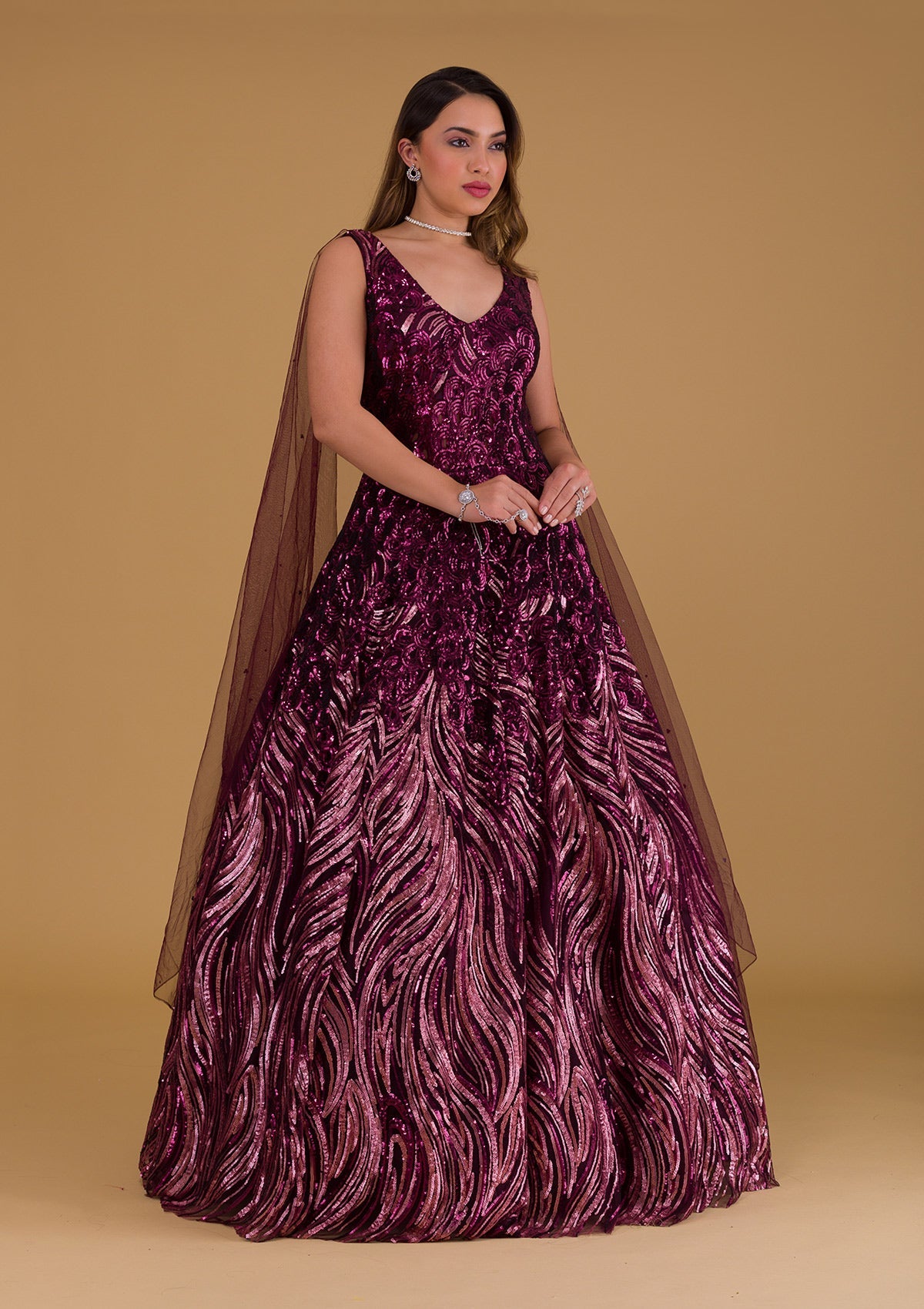 Wine Sequins Net Gown-Koskii