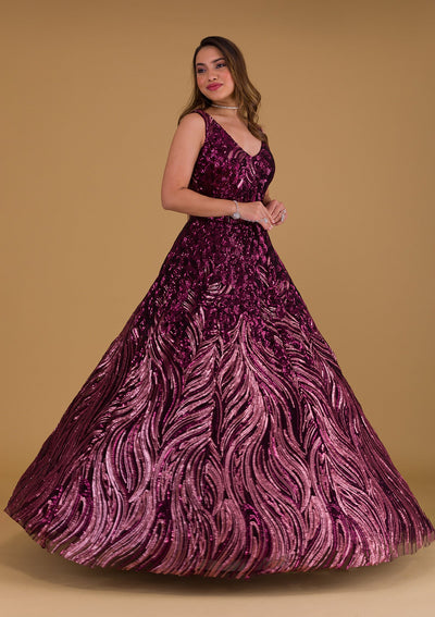 Wine Sequins Net Gown-Koskii