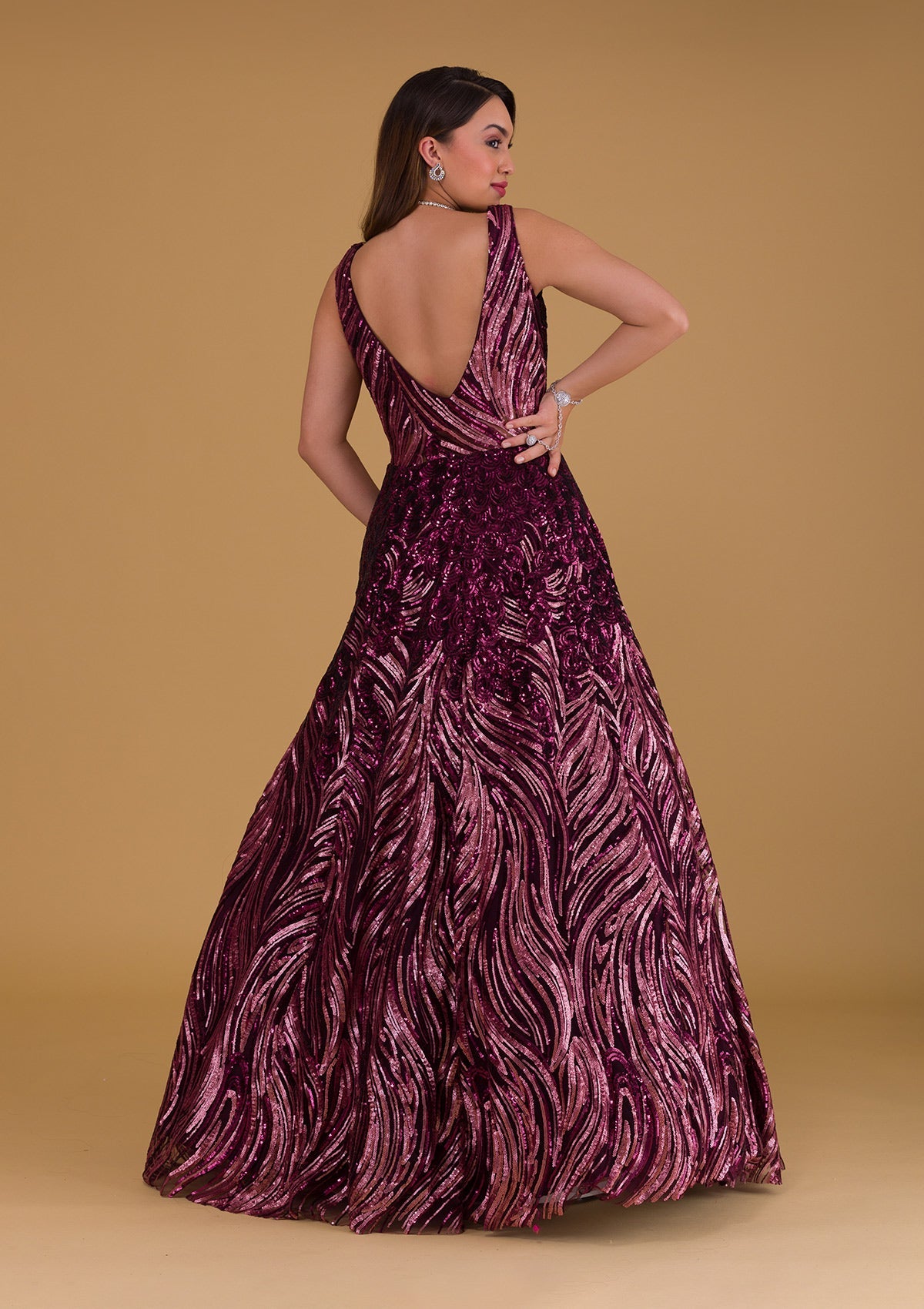 Wine Sequins Net Gown-Koskii