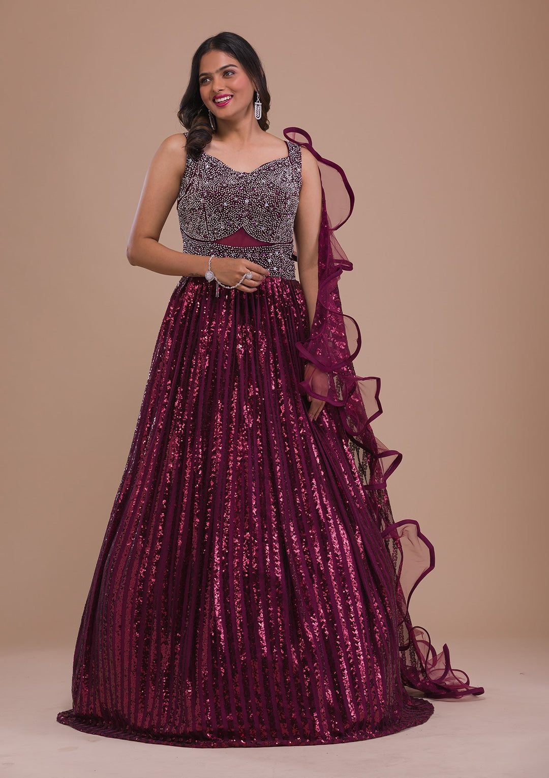 Wine Sequins Net Gown-Koskii