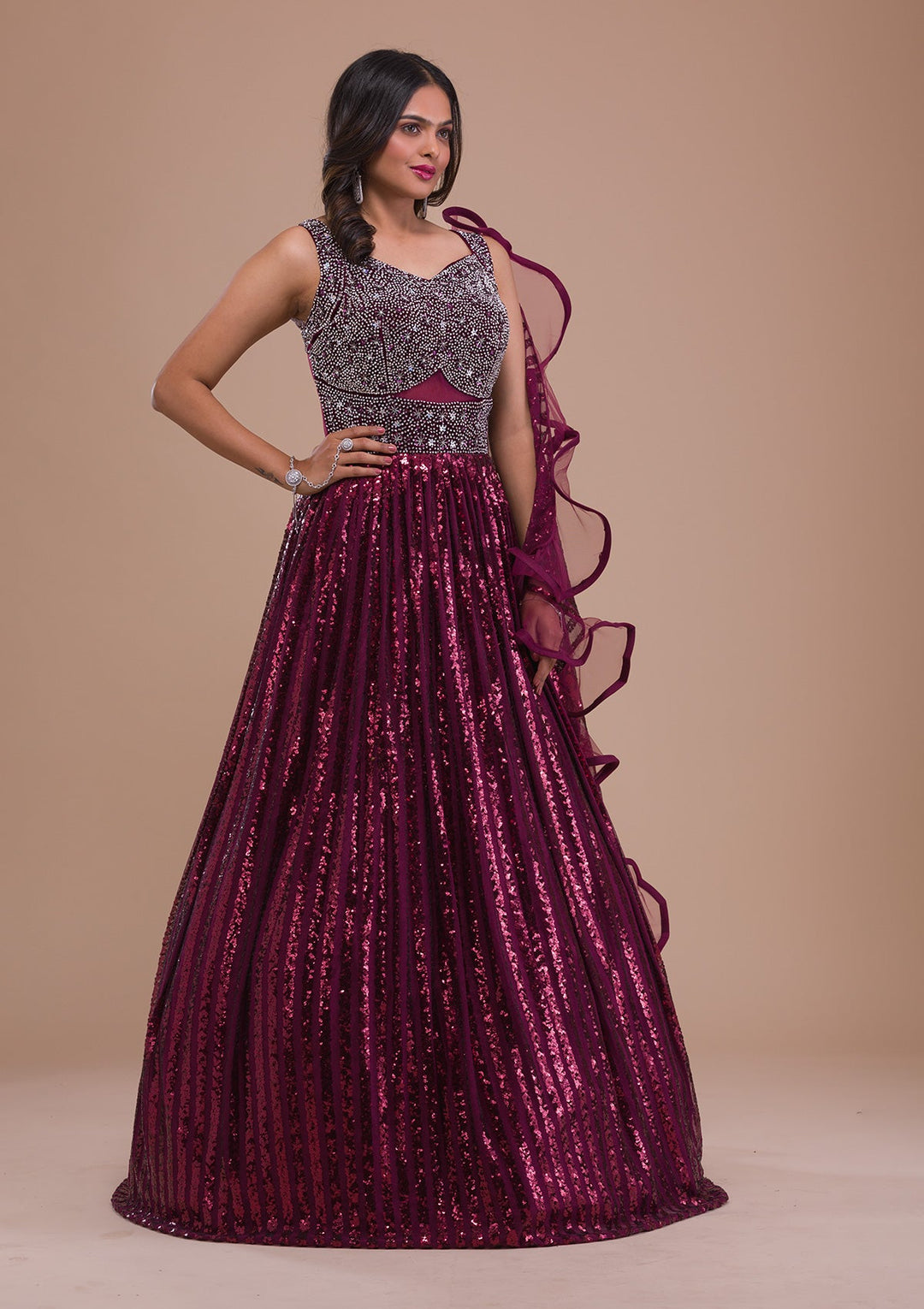 Wine Sequins Net Gown-Koskii