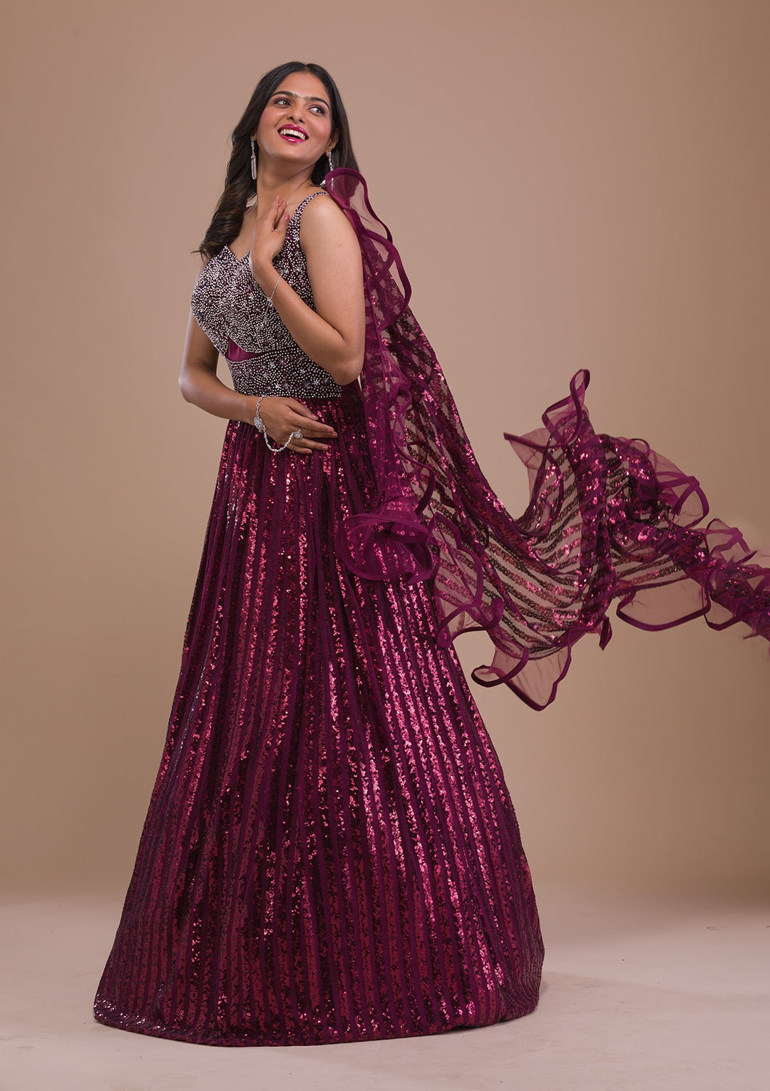 Wine Sequins Net Gown-Koskii