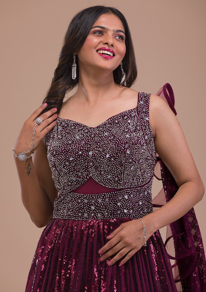Wine Sequins Net Gown-Koskii